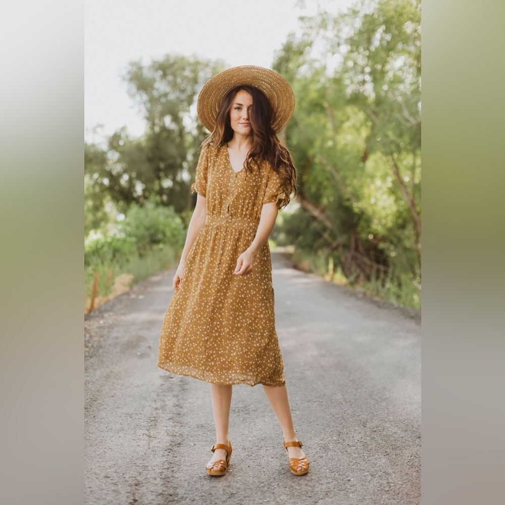 Piper & Scoot Floral Mustard Midi Button Up V Neck Dress - Picture 3 of 14